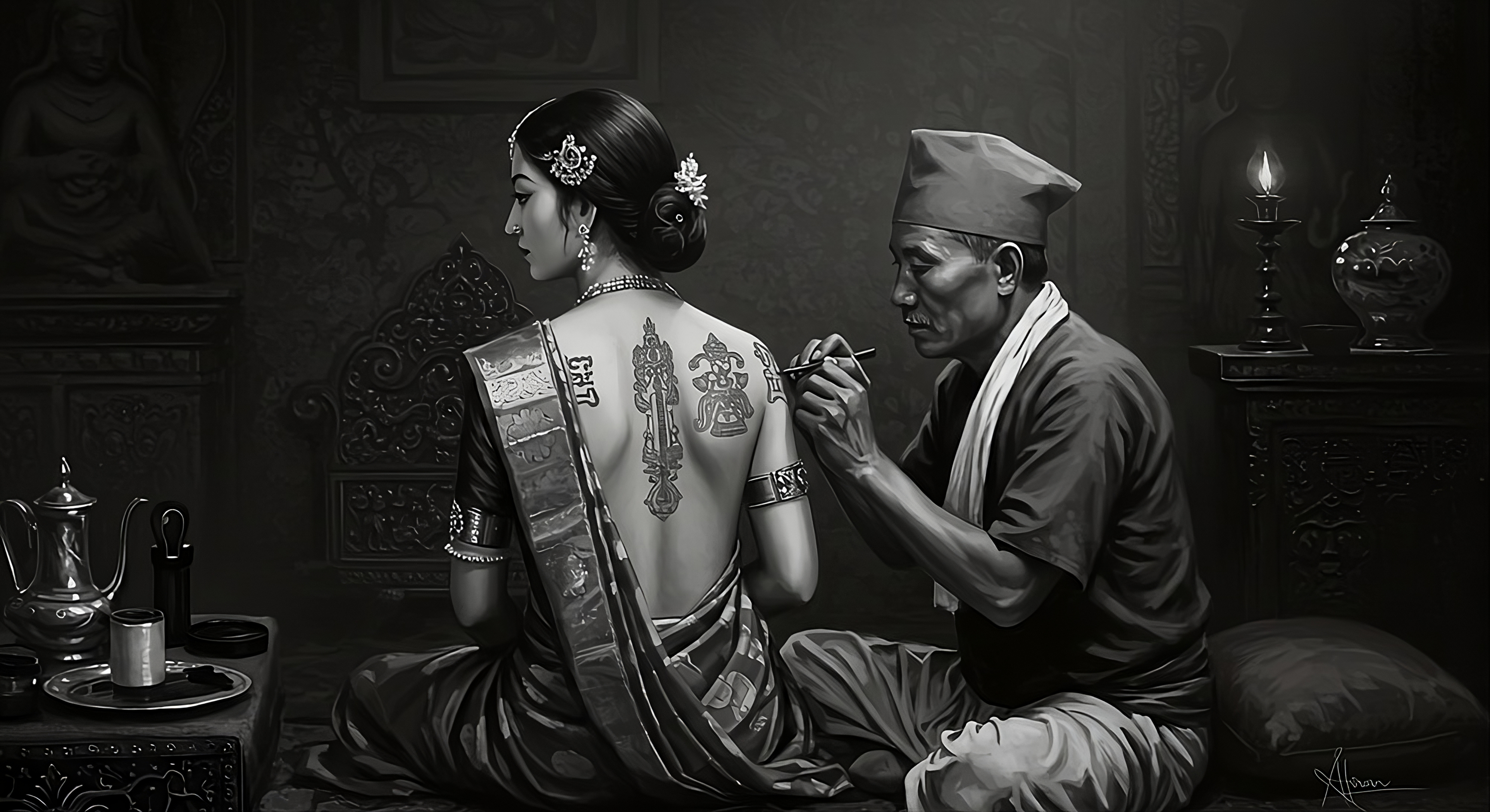 Award-winning tattoo artist creating intricate traditional art on client in professional studio setting